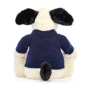 Bashful Black & Cream Puppy with Personalised Navy Jumper